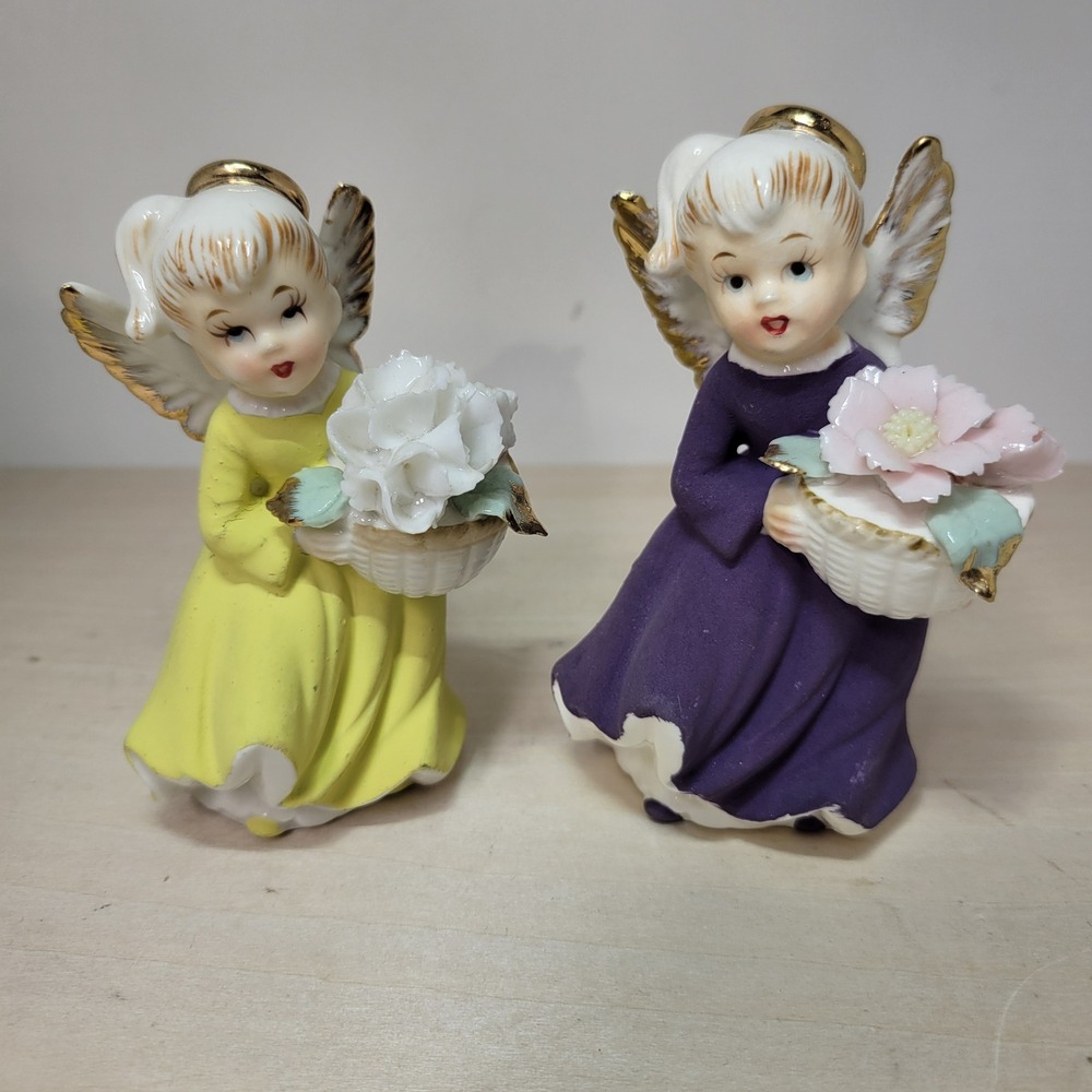 Vintage‎ Angel Figurines Pair, Holding Flower Baskets, Home Decor Collectibles